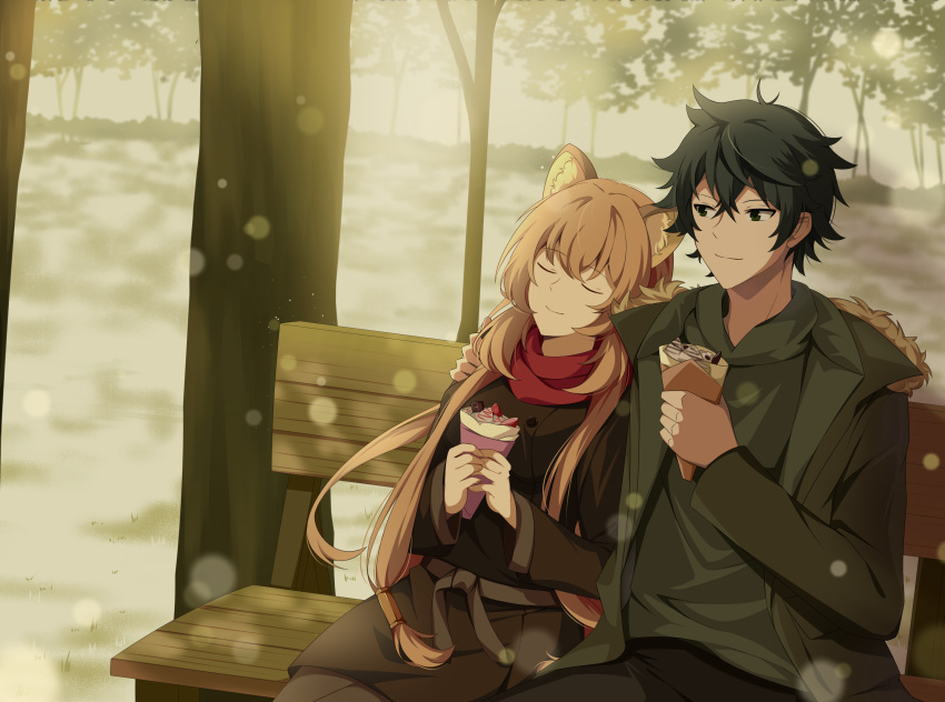 1boy, 1girl, absurdres, alternate_costume, animal_ear_fluff, animal_ears, aulia_hafiza, black_coat, black_hair, black_pants, breasts, brown_hair, brown_sash, brown_skirt, closed_eyes, closed_mouth, coat, commentary, commission, couple, crepe, day, double-parted_bangs, english_commentary, food, fur-trimmed_hood, fur_trim, green_eyes, green_jacket, green_shirt, grey_pantyhose, hair_between_eyes, hand_on_another's_shoulder, hand_up, hands_up, hetero, highres, holding, holding_crepe, holding_food, hood, hood_down, hooded_jacket, iwatani_naofumi, jacket, leaning_on_person, light_particles, long_hair, long_sleeves, looking_at_another, looking_to_the_side, medium_breasts, messy_hair, miniskirt, on_bench, one-armed_hug, open_clothes, open_jacket, outdoors, pants, pantyhose, pencil_skirt, raccoon_ears, raccoon_girl, raphtalia, red_scarf, scarf, second-party_source, shirt, short_hair, sitting, skirt, smile, straight_hair, tate_no_yuusha_no_nariagari, tree, winter