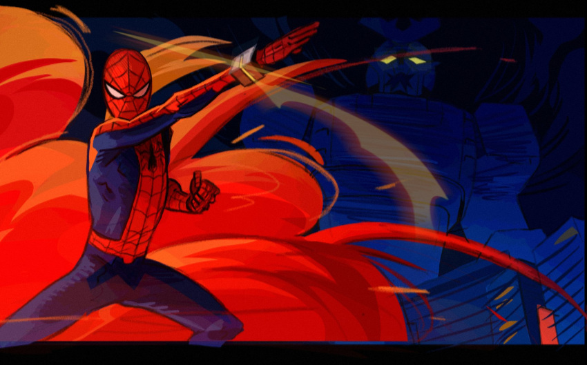 amuro_ray, animal_print, blue_bodysuit, bodysuit, gundam, highres, marvel, mecha, multicolored_bodysuit, print_bodysuit, rabiscosrian, red_bodysuit, robot, spider-man, spider-man_(series), spider_print, spider_web_print, superhero_costume, two-tone_bodysuit, white_gundam