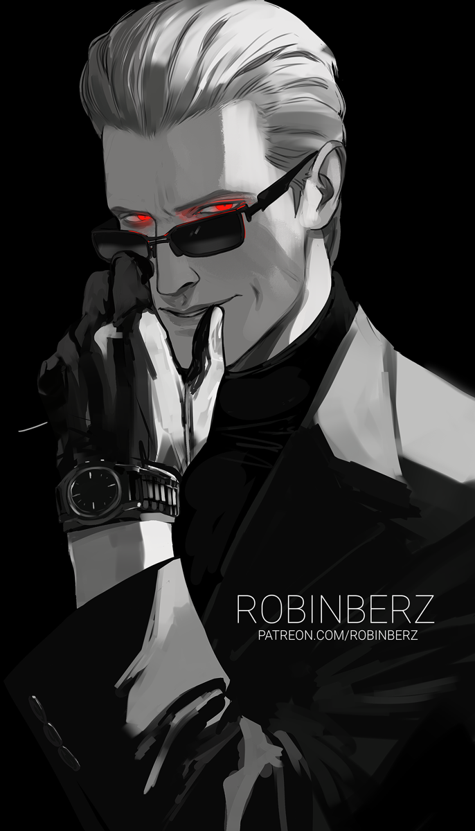 1boy, adjusting_eyewear, albert_wesker, gloves, glowing, glowing_eyes, greyscale, hair_slicked_back, highres, jacket, looking_at_viewer, male_focus, monochrome, red_eyes, resident_evil, resident_evil_5, robinberz, short_hair, smirk, solo, spot_color, suit_jacket, sunglasses, turtleneck, upper_body, watch, watch