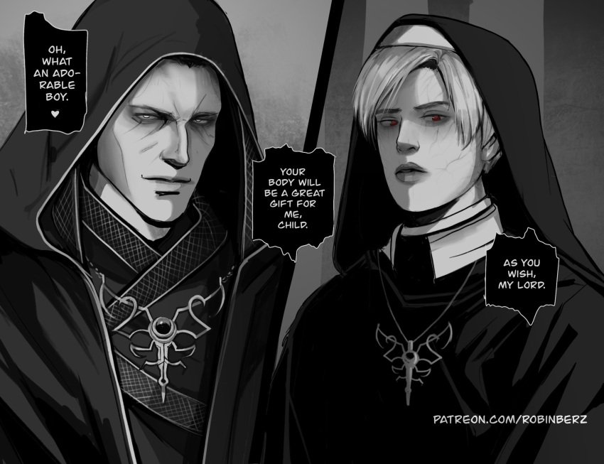 2boys, aegyo_sal, cloak, colored_veins, corruption, english_text, highres, hood