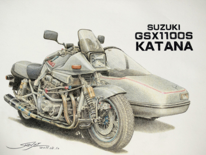 colored_pencil_(medium), commentary_request, dated, grey_background, highres, motor_vehicle, motorcycle, no_humans