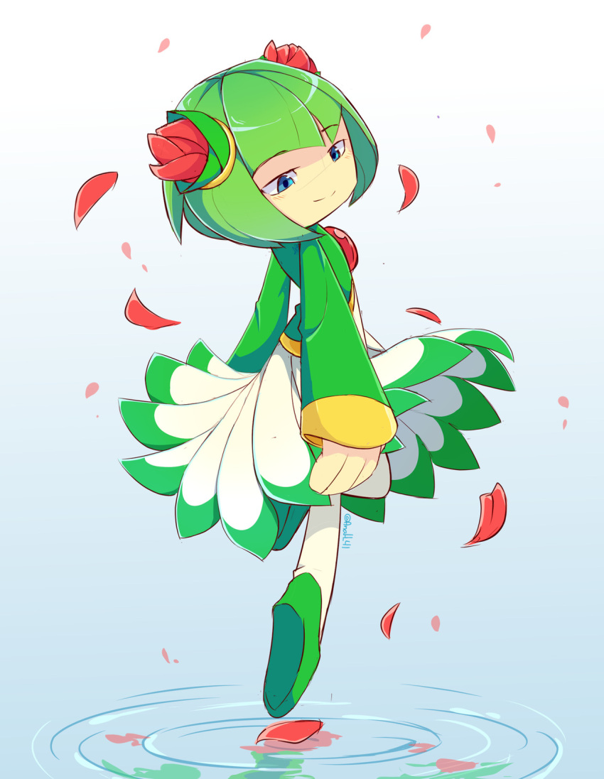 1girl, anah_41, blue_eyes, cosmo_(sonic), dress, falling_petals, green_hair, green_shoes