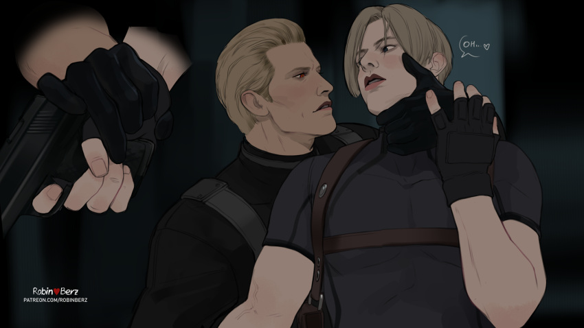 2boys, albert_wesker, black_gloves, black_shirt, blonde_hair, chest_holster, english_text, fingerless_gloves