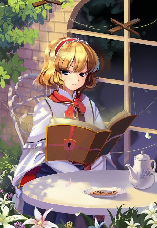 alice_margatroid, blonde_hair, blue_eyes, capelet, chair, cookie, flower, food