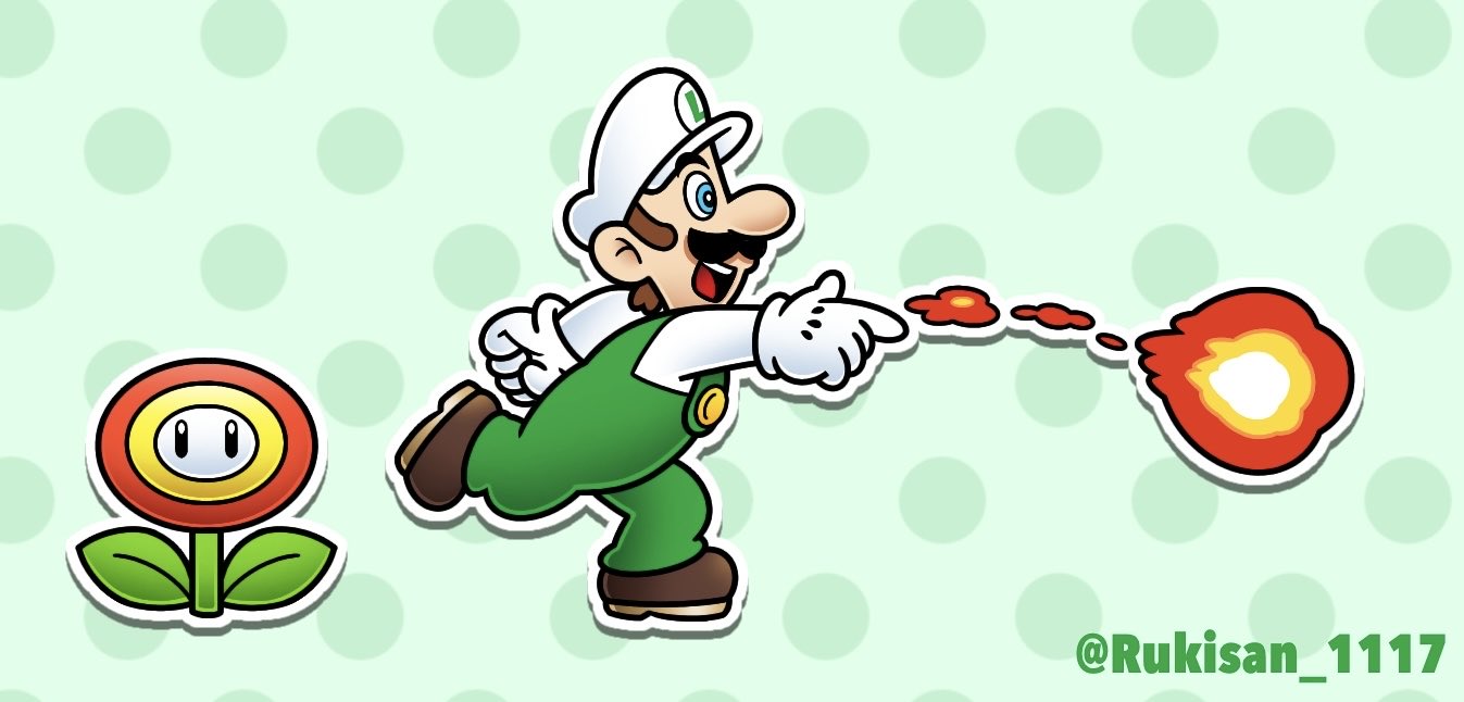 1boy, artist_name, blue_eyes, boots, brown_boots, brown_hair, fire_flower, fire_luigi, fireball, gloves, green_background, green_overalls, hat, luigi, nakaue_shigehisa_(style), open_mouth, outline, overalls, polka_dot, polka_dot_background, rukimin1117, shirt, short_hair, super_mario_bros., teeth, upper_teeth_only, white_gloves, white_hat, white_outline, white_shirt