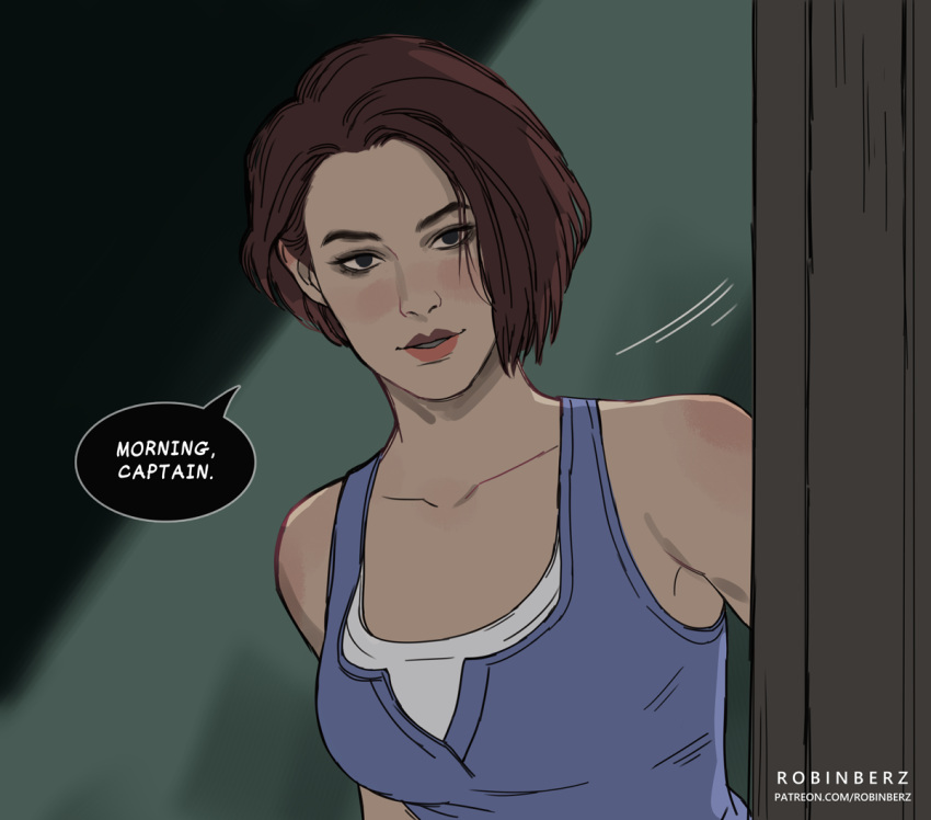 1girl, black_eyes, blue_tank_top, bob_cut, brown_hair, jill_valentine, motion_lines, parted_lips