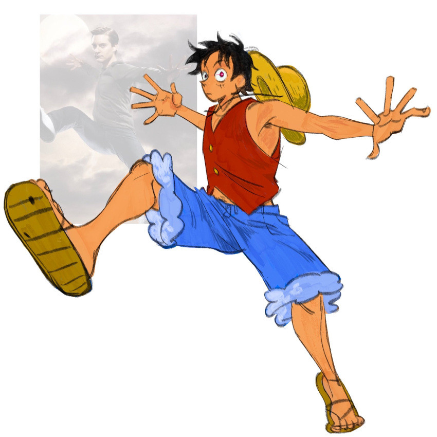 0000alisa, 1boy, black_hair, blue_shorts, commentary, full_body, hat, highres