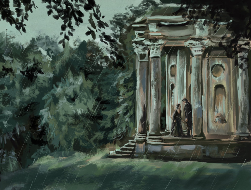 1boy, 1girl, alemonleaf, black_jacket, commentary, dress, elizabeth_bennet, fitzwilliam_darcy