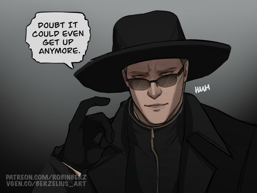 1boy, albert_wesker, blonde_hair, cosplay, english_text, hair_slicked_back, hat, highres