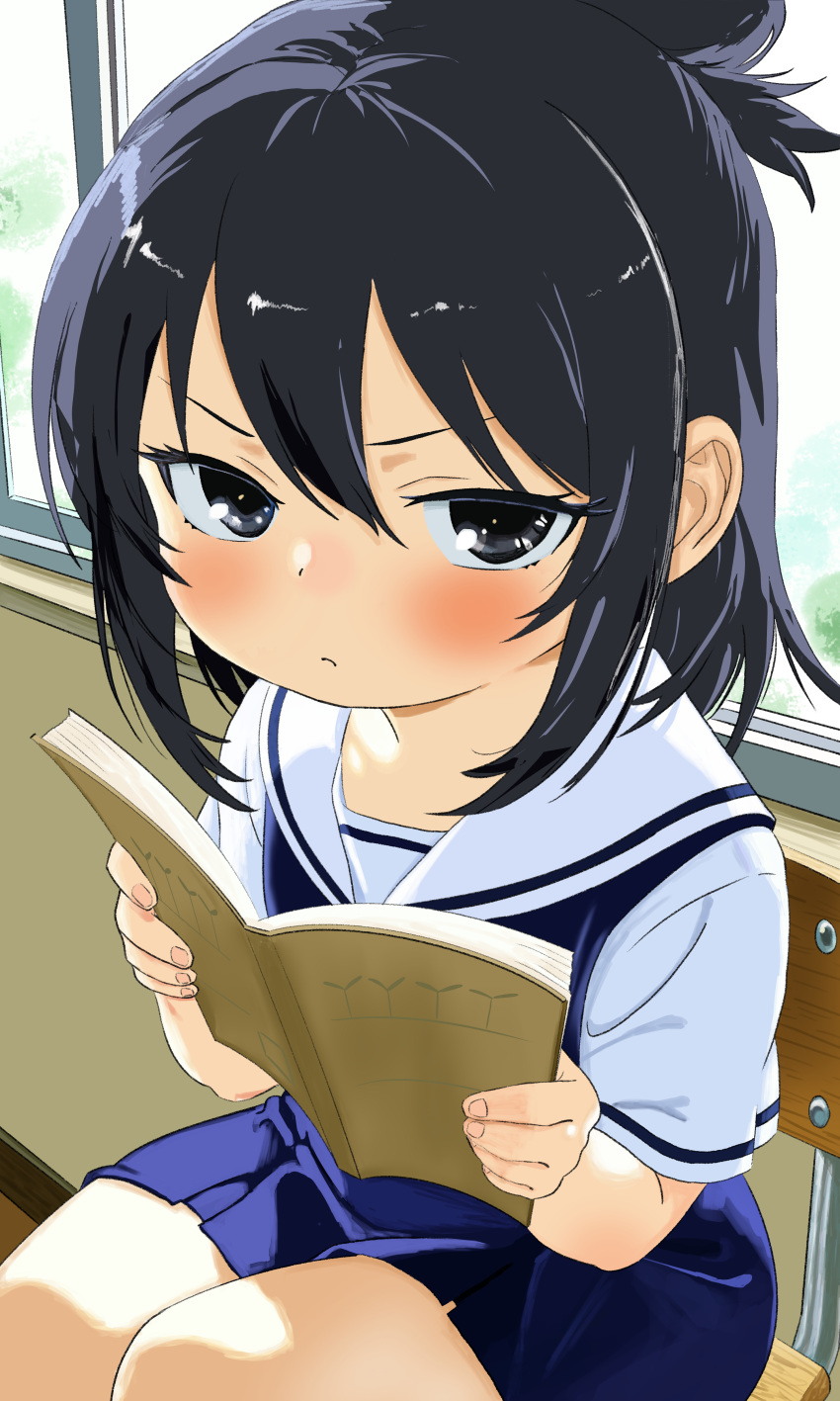 1girl, absurdres, black_hair, book, child, classroom, hair_between_eyes, hair_bun