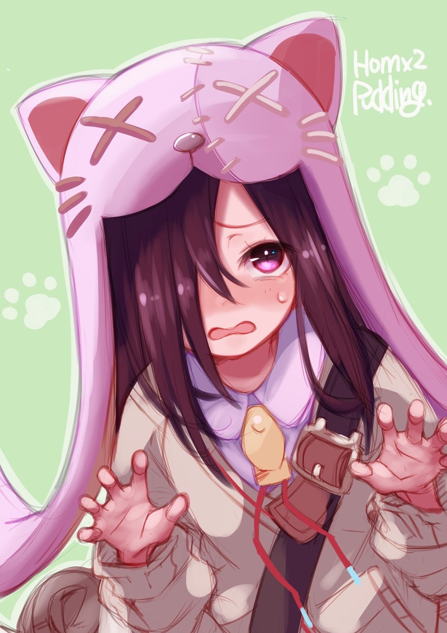 1girl, animal_ears, animal_hood, black_hair, blush, cardigan, cat_ears, cat_hood