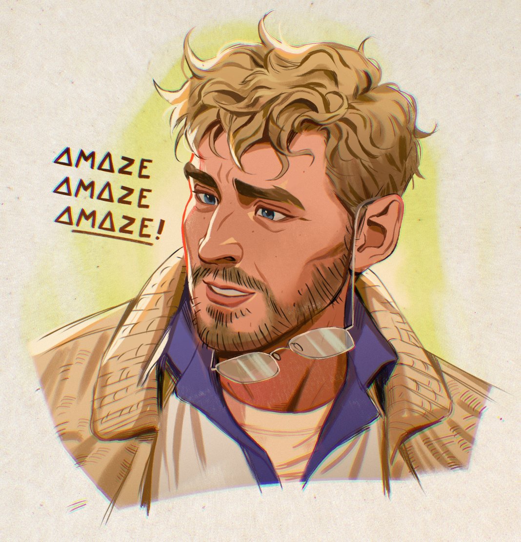 1boy, beard, beard_stubble, blonde_hair, casual, commentary, facial_hair, hansoeii, male_focus, messy_hair, project_hail_mary, ryland_grace, solo, stubble, untranslatable_commentary