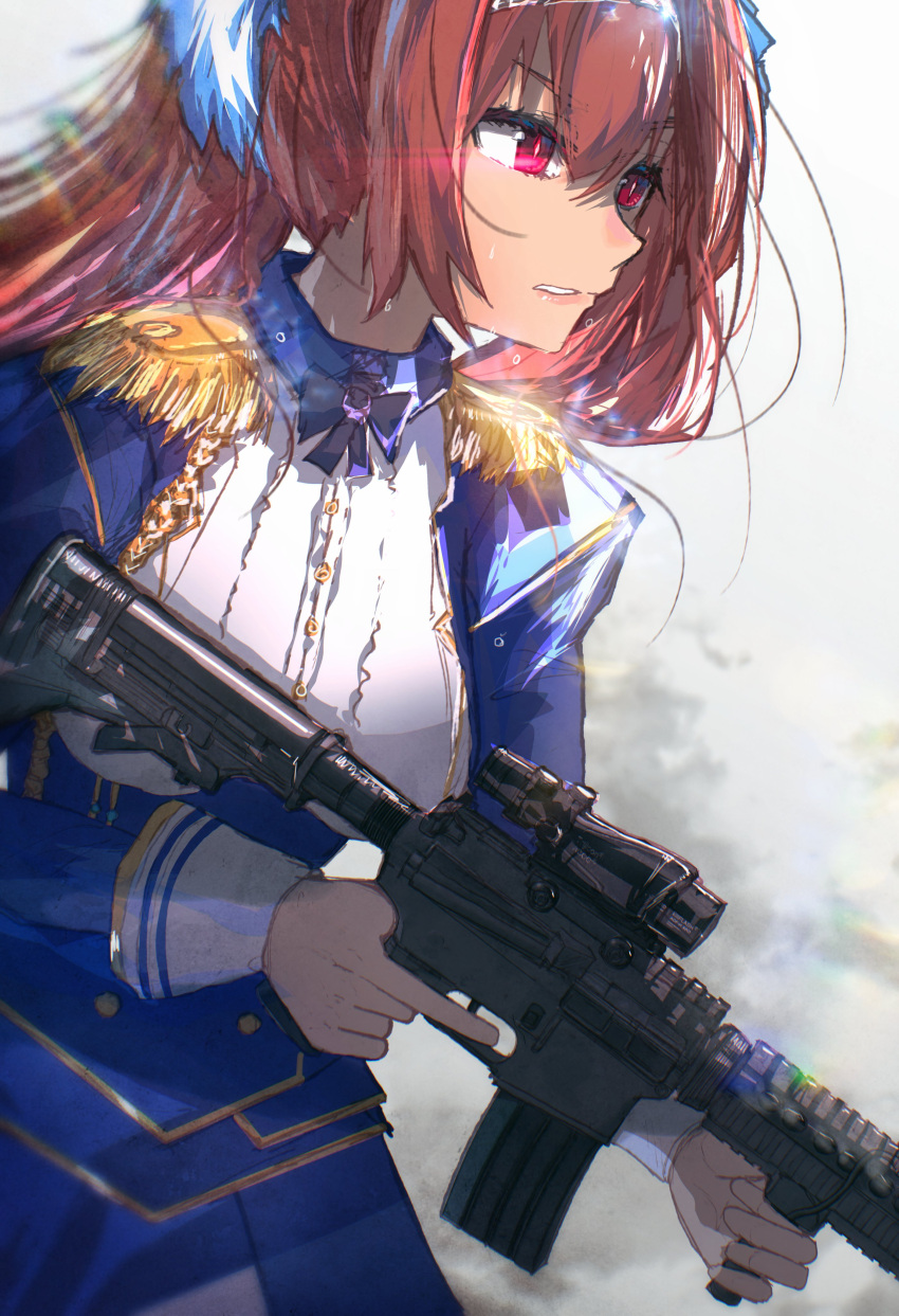 1girl, absurdres, acog, advarcher, assault_rifle, black_bow, blue_jacket, blue_skirt, bow, breasts, brown_hair, center_frills, commentary, daiwa_scarlet_(peak_blue)_(umamusume), daiwa_scarlet_(umamusume), english_commentary, epaulettes, frills, gun, highres, holding, holding_gun, holding_weapon, horse_girl, jacket, large_breasts, long_hair, long_sleeves, m4_carbine, parted_lips, ready_or_not, red_eyes, rifle, scope, shirt, skirt, solo, sweat, tiara, twintails, umamusume, very_long_hair, weapon, white_shirt