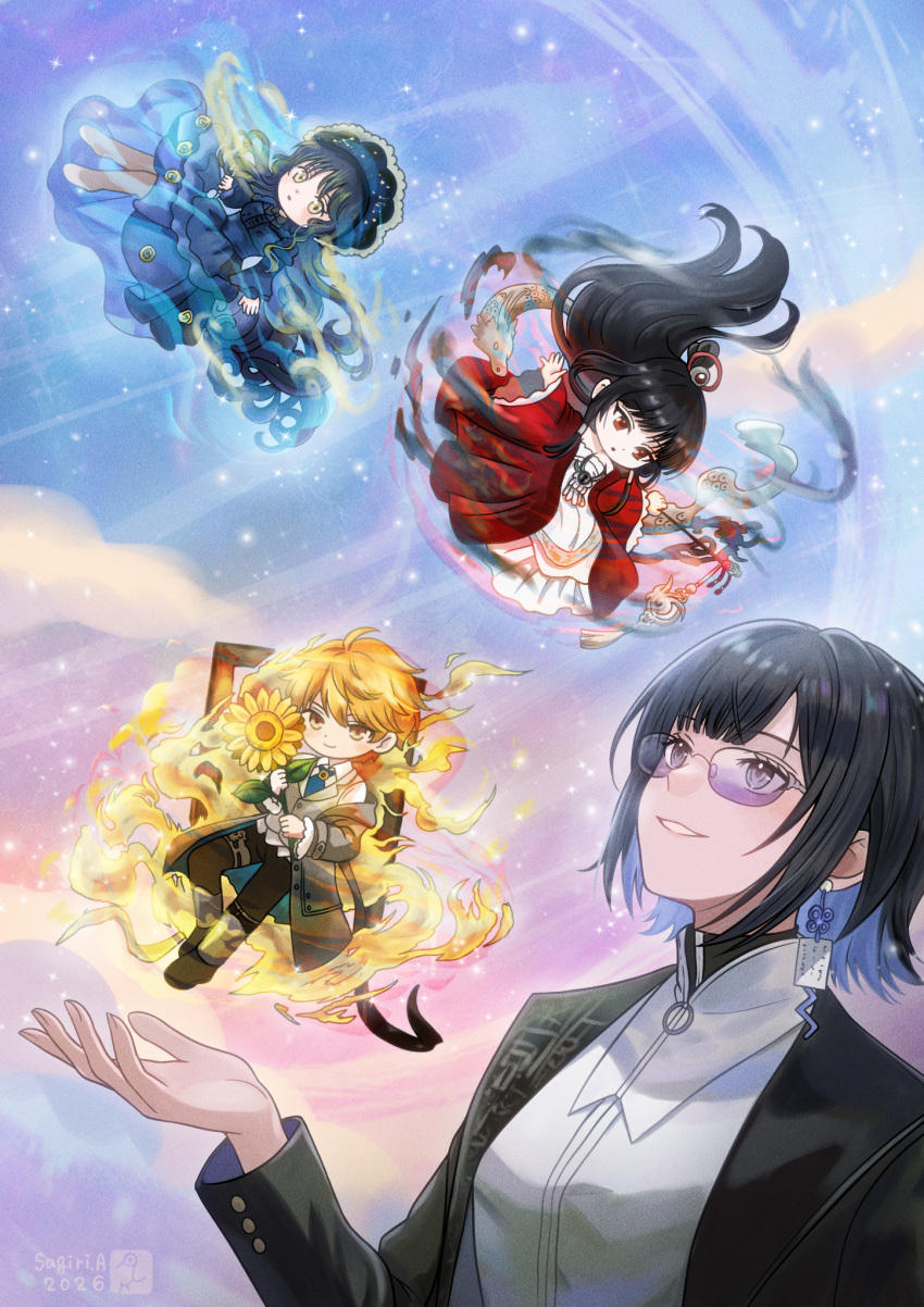 1boy, 3girls, asukamama89, black_hair, blonde_hair, blue_dress, blue_hair, chibi