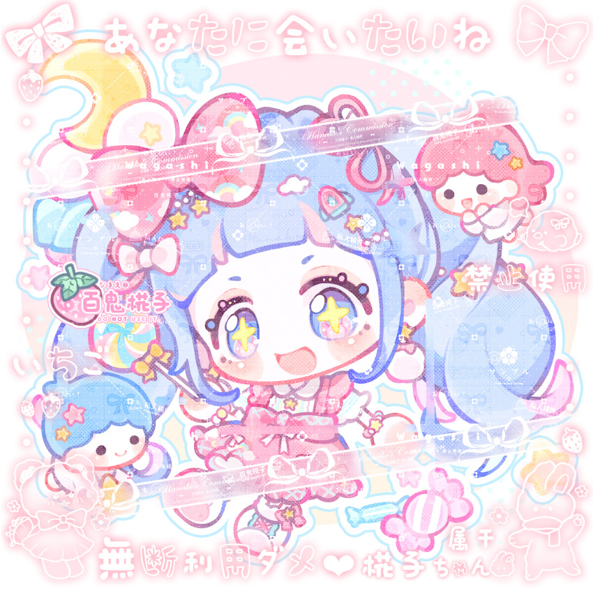 1boy, 2girls, :d, bai_gui_hua_zi, bead_bracelet, beads, blue_hair, blush, bow, bracelet, cameo, candy, character_request, chibi, chibi_only, commission, copyright_request, crescent, fairy_kei, food, hair_bow, hair_ornament, highres, holding, holding_candy, holding_food, holding_lollipop, jewelry, kiki_(little_twin_stars), lala_(little_twin_stars), little_twin_stars, lollipop, long_hair, mihuashi_commission, mini_person, miniboy, minigirl, multicolored_hair, multiple_girls, pink_bow, pink_hair, pink_skirt, rocket_hair_ornament, sanrio, shirt, shoes, skirt, smile, solo_focus, star-shaped_pupils, star_(symbol), star_hair_ornament, streaked_hair, symbol-shaped_pupils, too_many_watermarks, twintails, watermark, white_shirt, yume_kawaii