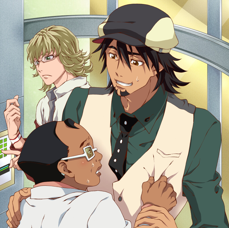 bad_id, barnaby_brooks_jr, blonde_hair, brown_eyes, brown_hair, cabbie_hat, facial_hair, fat