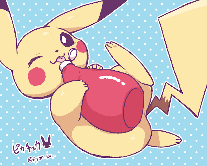 animal, artist_name, blue_background, commentary_request, ketchup_bottle, pikachu, pokemon, pokemon_(creature), polka_dot, polka_dot_background, pyon_ko, tongue, tongue_out