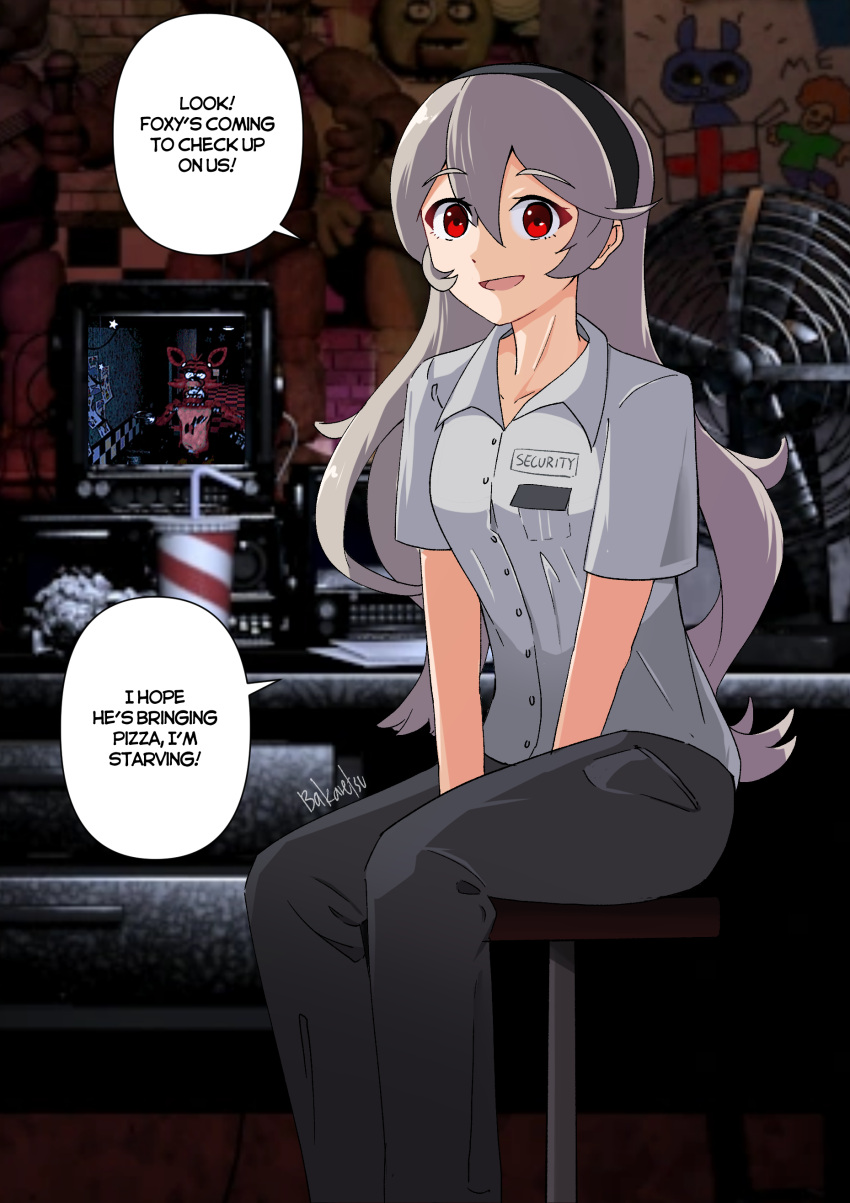 1girl, absurdres, artist_name, bakaretsu, between_legs, black_hairband, black_pants, collared_shirt