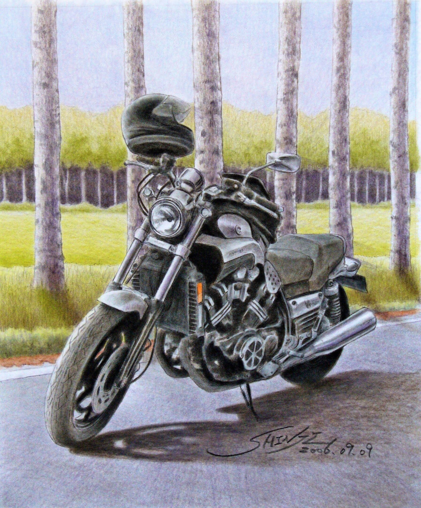 black_helmet, colored_pencil_(medium), commentary_request, dated, day, helmet, highres, motor_vehicle