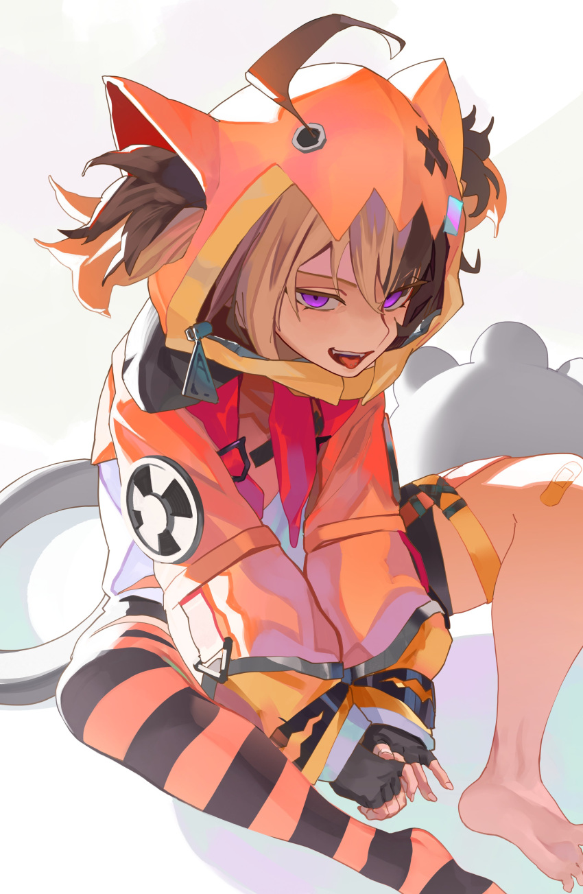 1girl, absurdres, ahoge, black_thighhighs, blonde_hair, brown_hair, feet, gigi_murin, gigi_murin_(1st_costume), hechium, highres, hololive, hololive_english, hood, hood_up, hoodie, looking_at_viewer, multicolored_hair, multicolored_thighhighs, orange_hoodie, orange_thighhighs, single_thighhigh, solo, striped_clothes, striped_thighhighs, tail, thigh-highs, twintails, two-tone_hair, two-tone_thighhighs, violet_eyes, virtual_youtuber, white_background, zipper_pull_tab