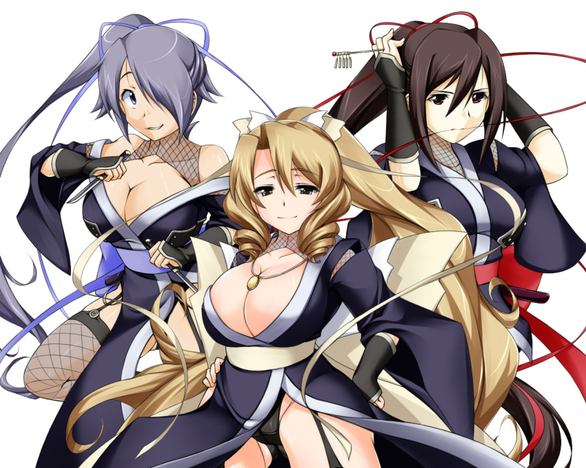 adjusting_hair, blonde_hair, blue_eyes, blue_hair, breasts, character_request, cleavage, fishnet_legwear