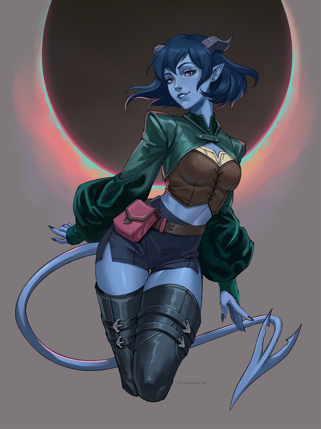 1girl, artist_name, belt_pouch, black_boots, black_shorts, blue_nails, blue_skin, bob_cut