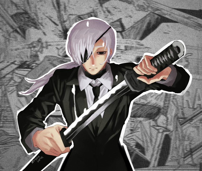 1girl, artukolatte, black_choker, black_eyes, black_jacket, black_necktie, chainsaw_man, choker