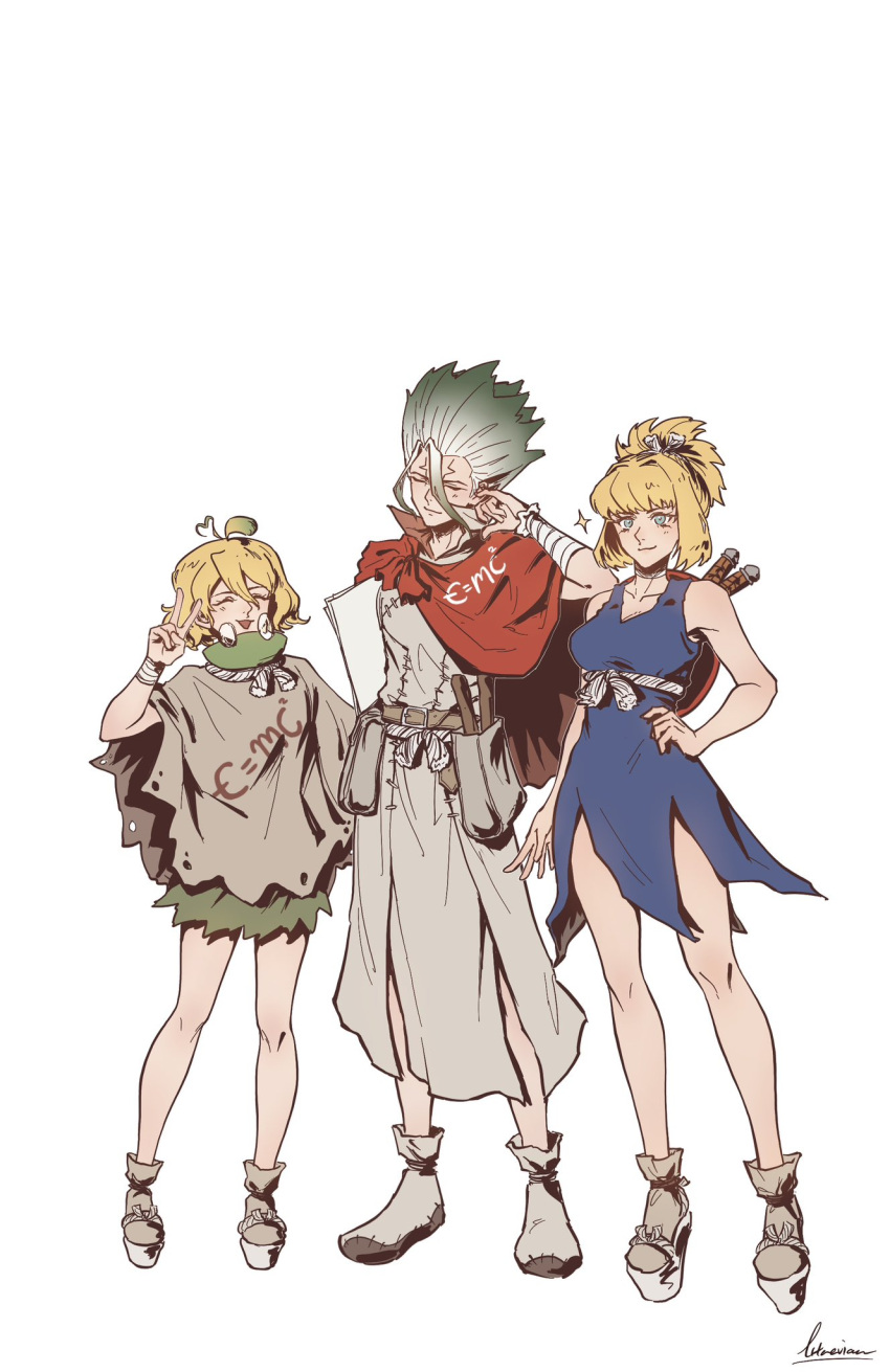 1boy, 2girls, blonde_hair, commentary, cracked_skin, dr._stone, e=mc2_(equation), english_commentary, equation, high_ponytail, highres, ishigami_senkuu, kohaku_(dr._stone), lutaerian, multiple_girls, ponytail, rope, rope_around_waist, rope_belt, spiky_hair, split_ponytail, suika_(dr._stone), tall_hair, white_rope