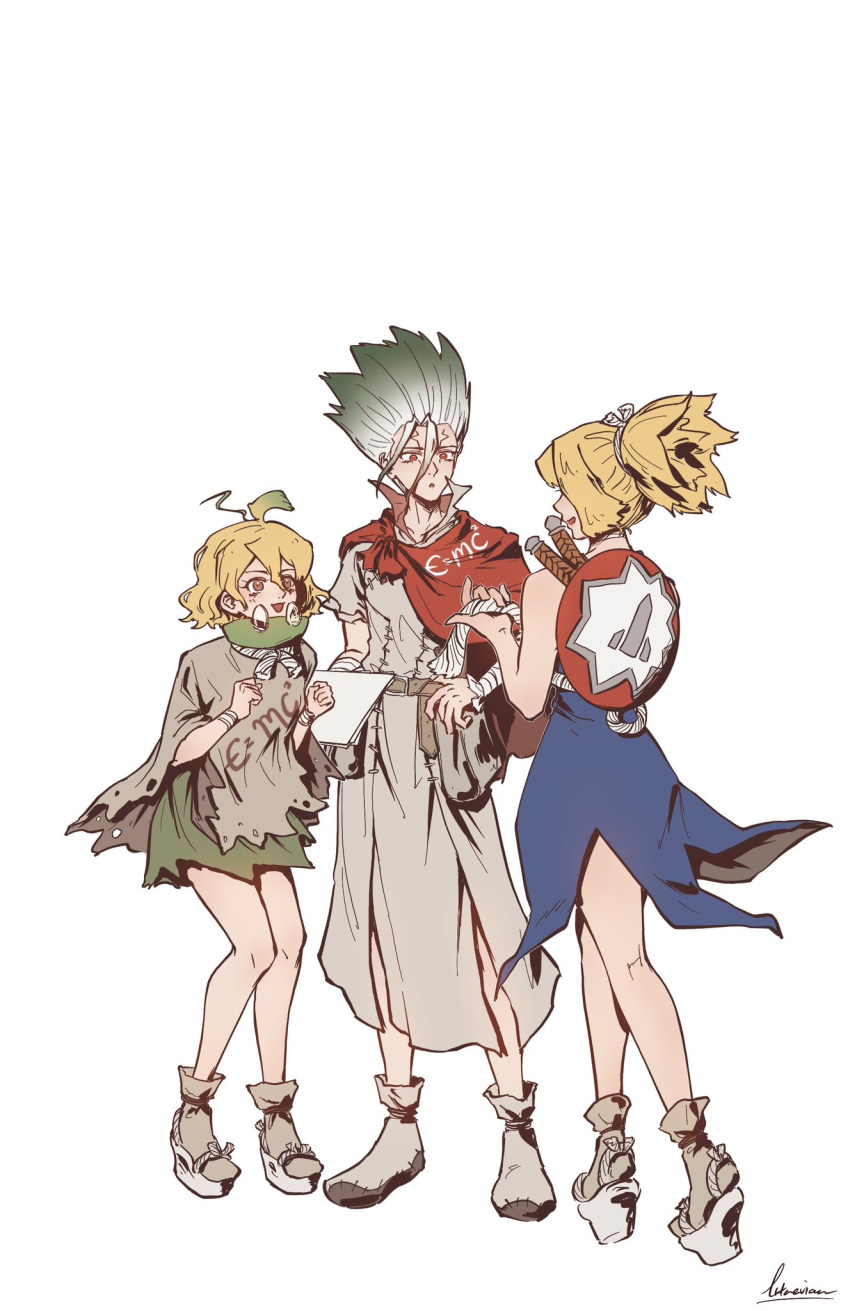 1boy, 2girls, blonde_hair, cracked_skin, dr._stone, e=mc2_(equation), equation, high_ponytail