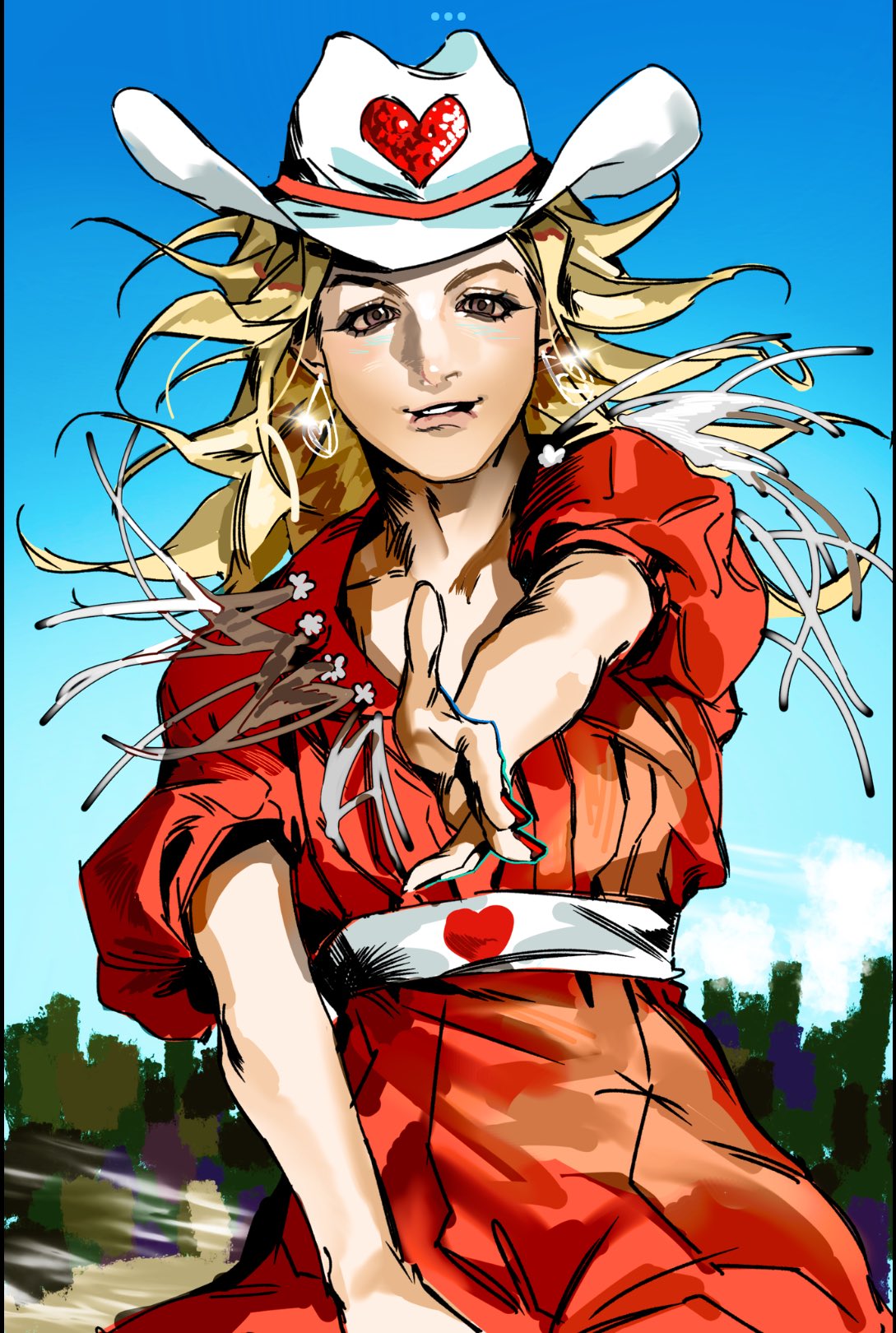 1girl, animification, biting_own_lip, blonde_hair, britney_spears, brown_eyes, commentary, cowboy_hat, extraodina59520, foreshortening, hat, heart, heart_print, highres, jumpsuit, long_hair, makeup, outdoors, outstretched_hand, real_life, red_jumpsuit, short_hair, sky, smile, solo, white_hat