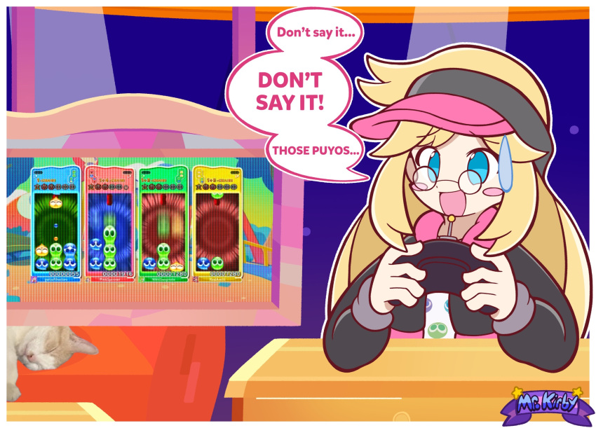 1girl, artist_name, black-framed_eyewear, black_jacket, blonde_hair, blue_eyes, blush_stickers, character_request