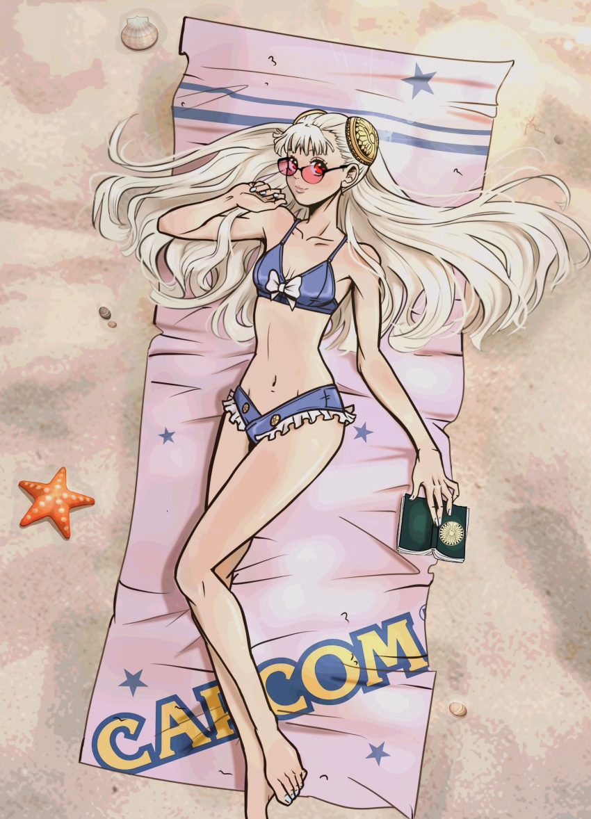 absurdres, beach, bikini, blonde_hair, blue_bikini, bow, highres, ingrid_(capcom)