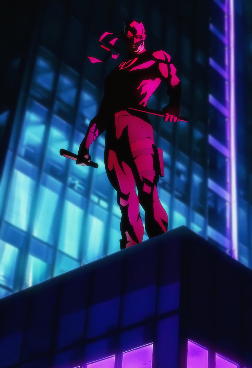 1boy, absurdres, bodysuit, character_logo, commentary, daredevil, daredevil_(series), english_commentary