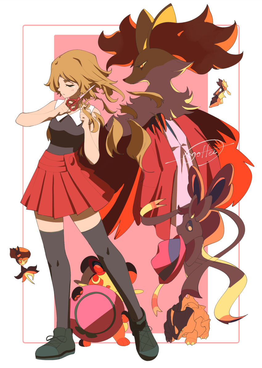 1girl, 1other, absurdres, blue_eyes, brown_hair, cccacademia, closed_mouth, cutting_hair