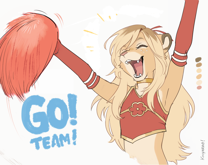 1boy, animal_ears, arms_up, artist_name, blonde_hair, brown_fur, brown_hair, cheerleader, closed_eyes, color_guide, crop_top, detached_sleeves, english_text, fangs, femboy_lion_(koiyaroid), furry, gold_choker, koiyaroid, lion_ears, long_hair, multicolored_hair, original, pom_pom_(cheerleading), red_shirt, red_sleeves, shirt, sleeveless, sleeveless_shirt, solo, trap, two-tone_hair, upper_body