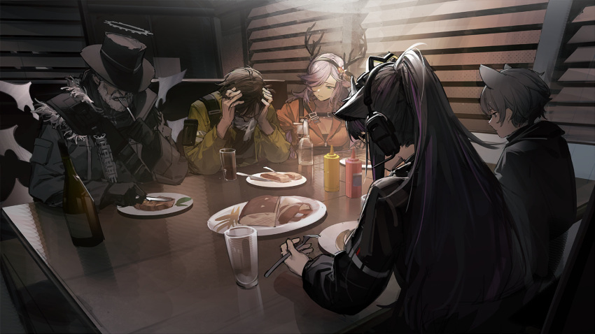 2girls, 3boys, animal_ears, arknights, artist_request, bottle, coldshot_(arknights), cup