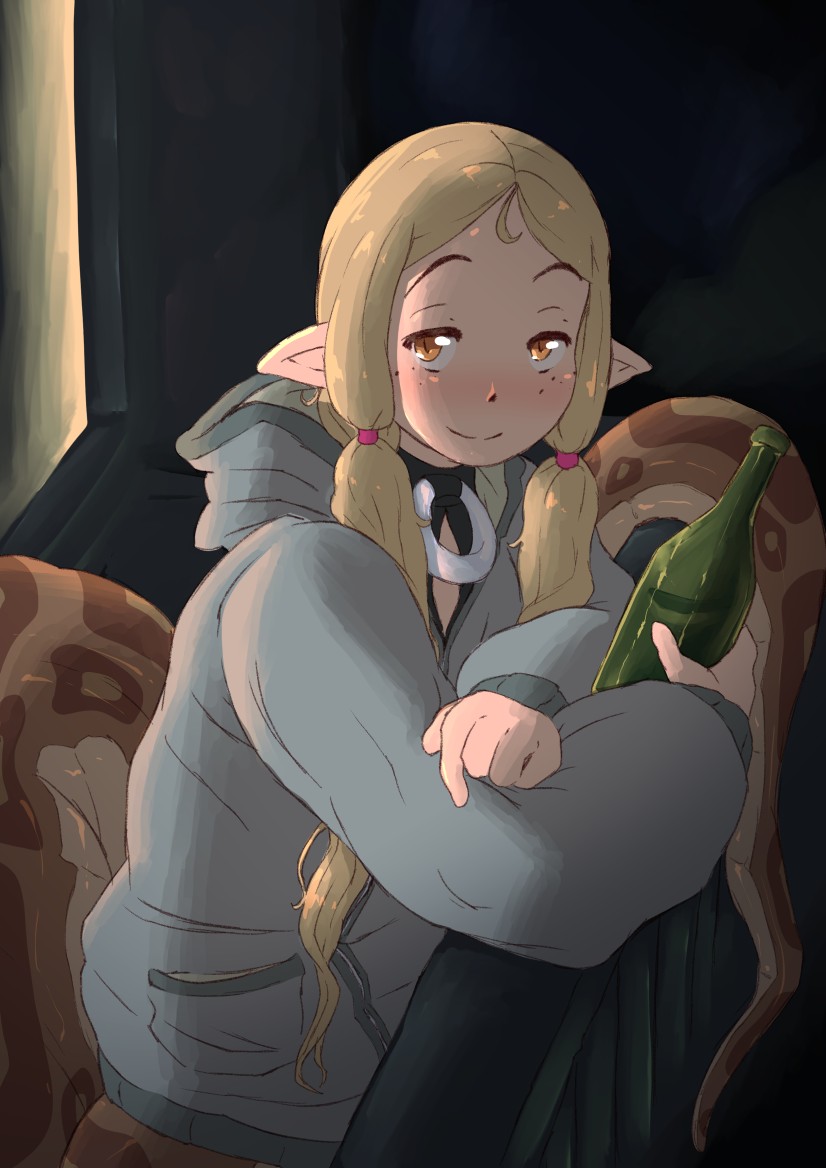 1girl, blonde_hair, blush, bottle, commentary, danimariondd, english_commentary, forehead, freckles, holding, holding_bottle, hood, hooded_jacket, jacket, lamia, long_hair, looking_at_viewer, monster_girl, orange_eyes, original, outdoors, pointy_ears, smile, snake_tail, solo, tail, twintails