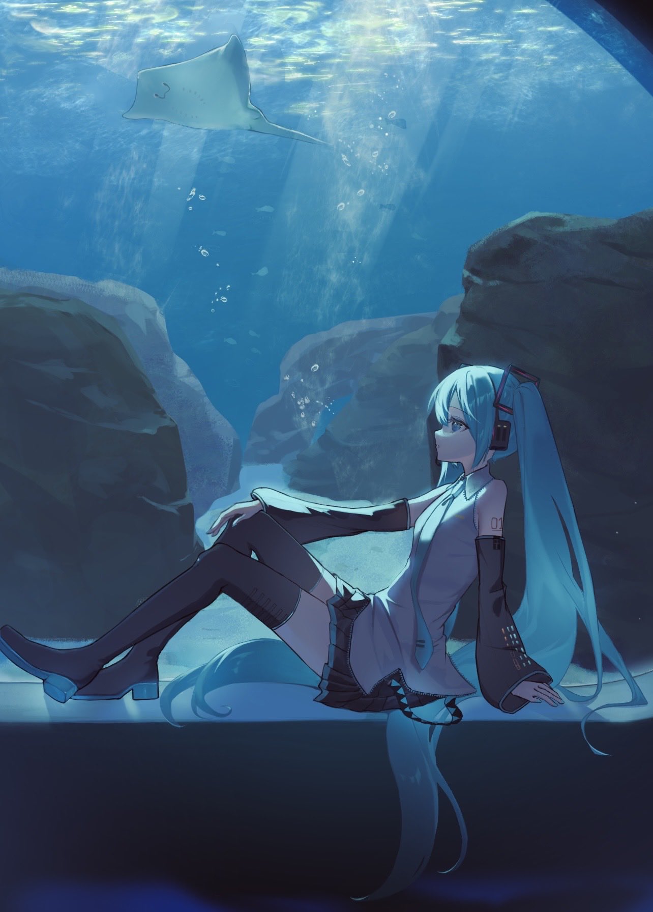 1girl, aqua_eyes, aqua_hair, aqua_necktie, aquarium, ayuz1, bare_shoulders, black_boots
