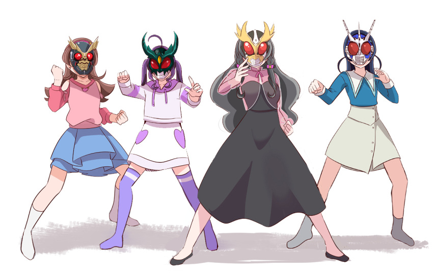 4girls, ahoge, another_agito, aokaze_nana, black_hair, blue_hair, brown_hair, character_mask