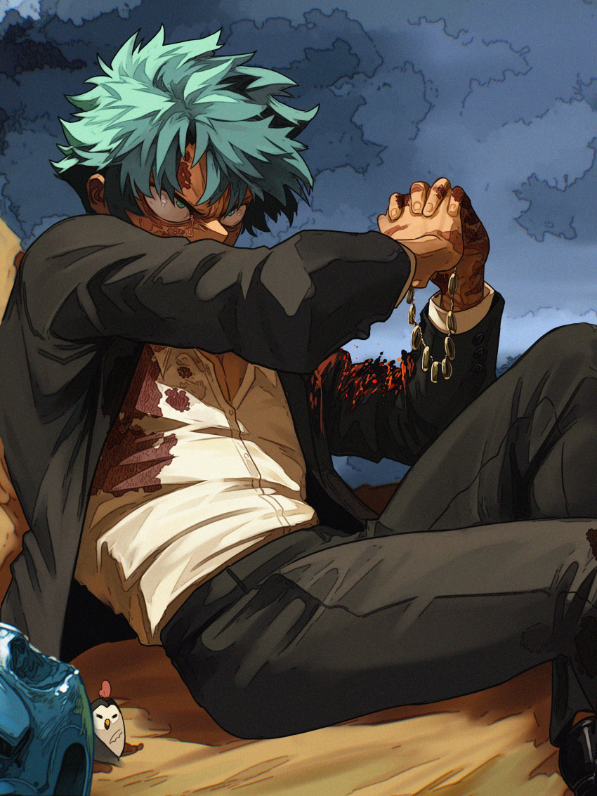 1boy, absurdres, angry, black_jacket, black_pants, black_shoes, blood, blood_on_clothes