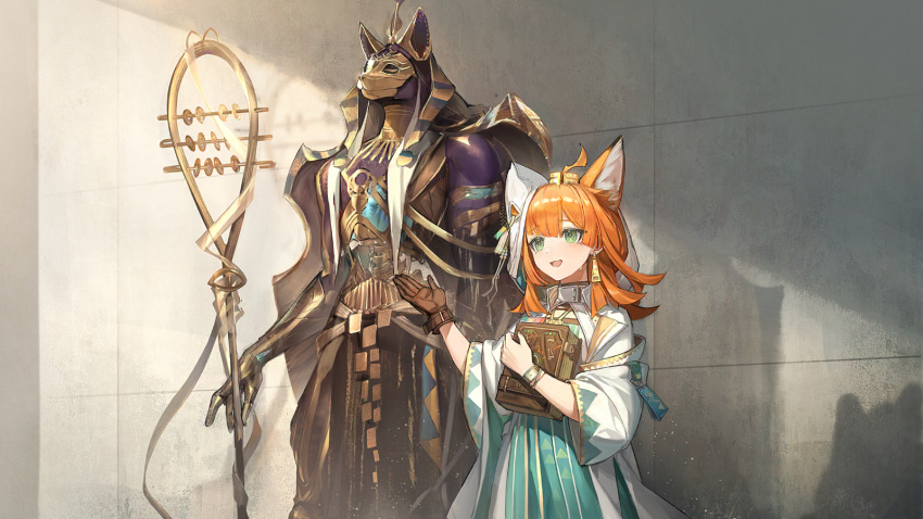 1boy, 1girl, ancient_egyptian_clothes, animal_ears, arknights, artist_request, blunt_bangs, blunt_ends