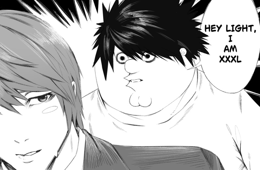 2boys, blazer, blush_stickers, cleft_chin, cosplay, death_note, family_guy, fat, fat_man, greyscale, jacket, kowai_(iamkowai), l_(death_note), l_(death_note)_(cosplay), male_focus, monochrome, multiple_boys, peter_griffin, school_uniform, shirt, speech_bubble, spiky_hair, sweatdrop, yagami_light