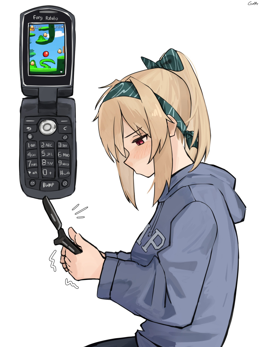 1girl, absurdres, artist_name, blonde_hair, blush, bow, brand_name_imitation, cellphone, commentary, drawstring, english_commentary, flip_phone, from_side, gamryous, girls_frontline, green_bow, green_hairband, grey_hoodie, hair_bow, hairband, half-closed_eyes, highres, hood, hood_down, hoodie, long_hair, long_sleeves, looking_down, phone, playing_games, playing_video_games, ponytail, profile, red_eyes, simple_background, solo, sony_ericsson, sv-98_(girls'_frontline), white_background
