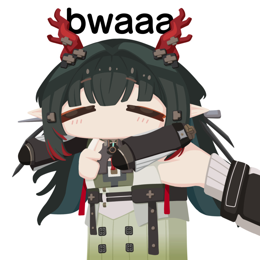 1girl, 1other, =_=, arknights, arknights:_endfield, black_gloves, black_hair, bwaaa_(meme), chibi, closed_eyes, commentary, dragon_girl, dragon_horns, eastern_dragon_horns, english_commentary, gloves, green_hair, green_pants, gribberoni, highres, horns, long_hair, longcat_(meme), meme, no_mouth, outstretched_arms, pants, pointy_ears, red_horns, simple_background, solo_focus, white_background, zhuang_fangyi_(arknights)