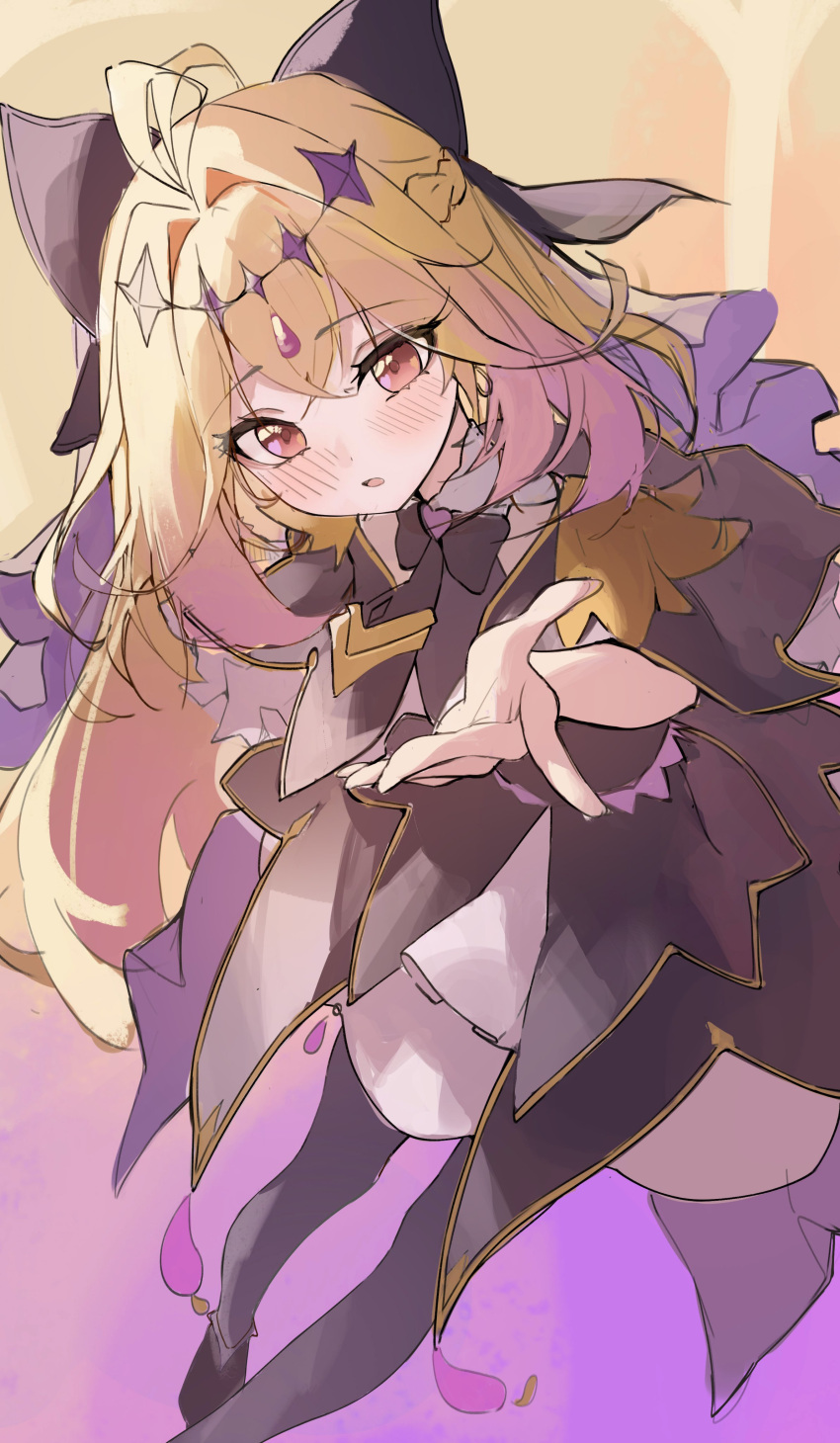 1girl, :o, absurdres, antenna_hair, black_capelet, black_dress, black_thighhighs, blonde_hair, blush, brooch, capelet, commentary_request, cure_arcana_shadow, diamond_hairband, dress, frilled_capelet, frills, gradient_hair, hair_intakes, heart, heart_brooch, highres, jewelry, leaning_forward, long_hair, magical_girl, meitantei_precure!, moria_luluka, multicolored_hair, pink_eyes, pink_hair, precure, purple_veil, reaching, reaching_towards_viewer, smile12190, solo, thigh-highs, veil, very_long_hair