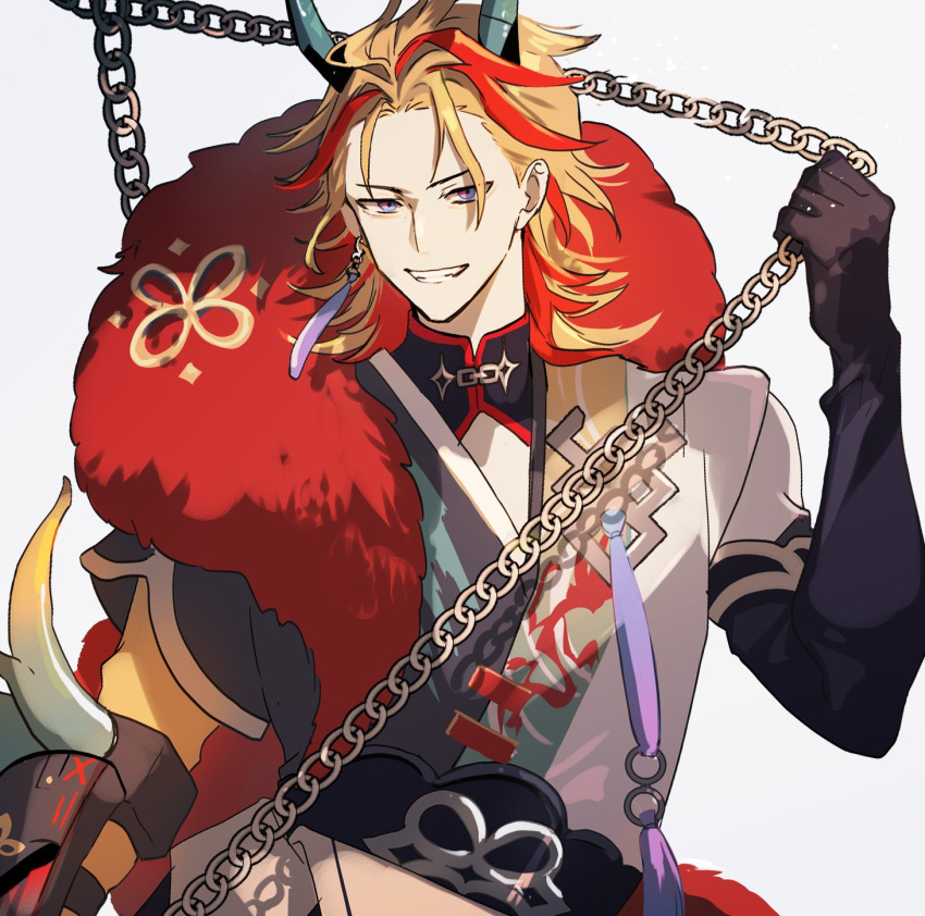 1boy, 4601yuz, arm_guards, asymmetrical_gloves, axel_syrios, axel_syrios_(4th_costume), blonde_hair, chain, commentary, dragon_horns, earrings, elbow_gloves, forehead, fur_collar, gloves, grin, highres, holding, holding_chain, holostars, holostars_english, horns, japanese_clothes, jewelry, kimono, long_hair, male_focus, mullet, multicolored_hair, official_alternate_costume, official_alternate_hairstyle, red_hair, single_arm_guard, single_earring, smile, solo, tassel, tassel_earrings, teeth, untranslatable_commentary, upper_body, virtual_youtuber, white_background