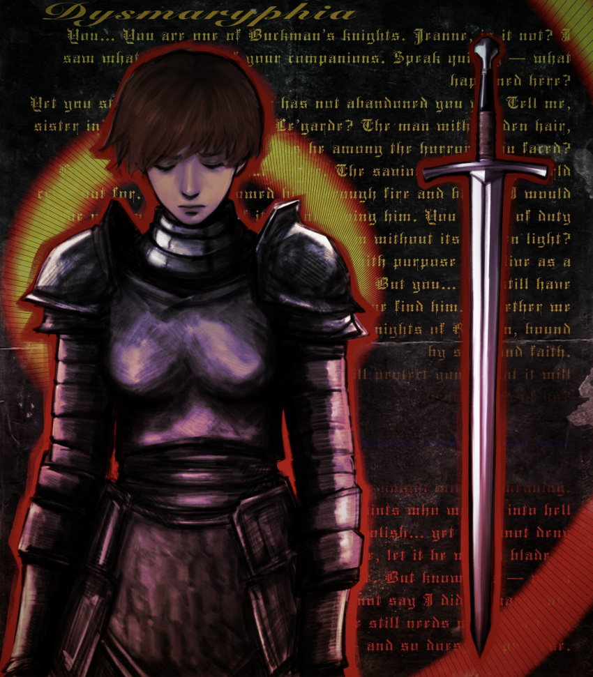 1girl, :|, androgynous, armor, arms_at_sides, blackletter, boobplate, breastplate, brown_hair, closed_eyes, closed_mouth, commentary, cowboy_shot, d'arce_(fear_&amp;_hunger), dysmaryphia, english_text, expressionless, faulds, fear_&amp;_hunger_(series), fear_&amp;_hunger_1, french_commentary, gauntlets, head_down, highres, lips, nose, outline, pauldrons, plate_armor, red_aura, red_outline, short_hair, shoulder_armor, solo, standing, sword, tomboy, very_short_hair, weapon, yellow_aura
