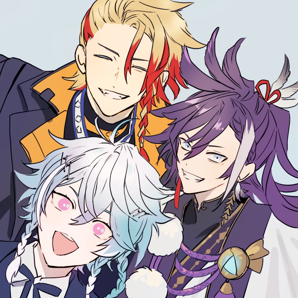 3boys, 4601yuz, :d, antenna_hair, axel_syrios, axel_syrios_(1st_costume), banzoin_hakka, banzoin_hakka_(1st_costume), black_jacket, black_ribbon, black_shirt, blonde_hair, blue_eyes, blue_hair, braid, braided_bangs, closed_eyes, collared_jacket, collared_shirt, commentary_request, earrings, feather_earrings, feather_hair_ornament, feathers, grey_background, grey_feathers, grin, hair_ornament, hair_ribbon, hairclip, holostars, holostars_english, jacket, japanese_clothes, jewelry, kimono, long_hair, male_focus, multicolored_hair, multiple_boys, multiple_braids, neck_ribbon, octavio, octavio_(1st_costume), open_mouth, pink_eyes, pom_pom_(clothes), ponytail, purple_hair, red_hair, red_ribbon, red_streaks, ribbon, shirt, short_hair, side_braid, single_braid, single_hair_streak, smile, streaked_hair, teeth, tri_braids, upper_body, virtual_youtuber, white_hair, white_shirt, white_streaks