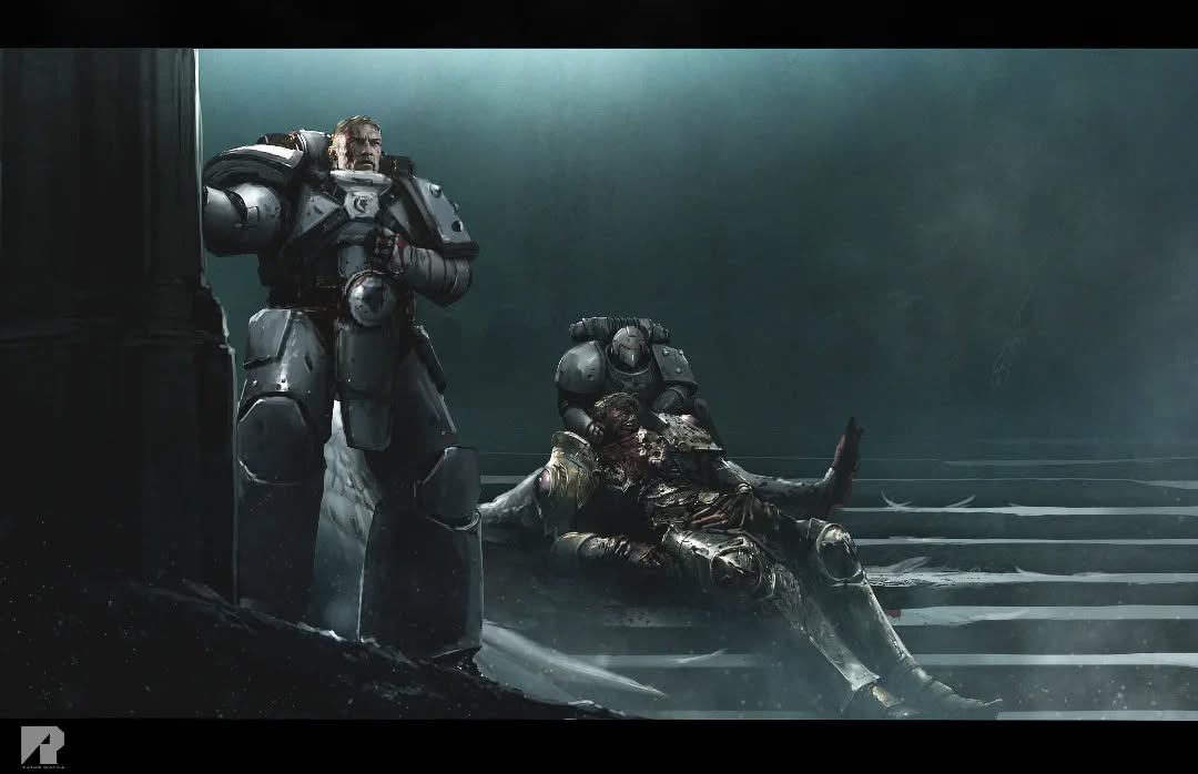 3boys, adeptus_astartes, armor, armored_boots, artist_logo, artist_name, black_border, blonde_hair