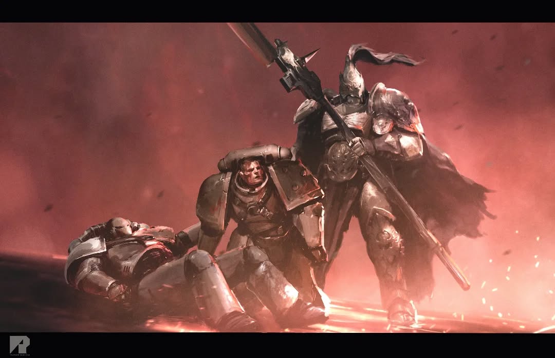 3boys, adeptus_astartes, adeptus_custodes, armor, armored_boots, artist_logo, artist_name, black_border, blonde_hair, boots, border, breastplate, caecaltus_dusk, cape, commentary, embers, english_commentary, fire, full_armor, full_body, garviel_loken, gauntlets, glowing, glowing_eyes, gold_armor, gorget, greaves, grey_armor, guardian_spear, helm, helmet, holding, holding_weapon, imperium_of_man, leetu, logo, luna_wolves, lying, multiple_boys, on_back, ornate_armor, pauldrons, plume, polearm, power_armor, red_cape, red_plume, red_theme, richard_bagnall, shoulder_armor, spear, standing, warhammer_40k, weapon, white_armor